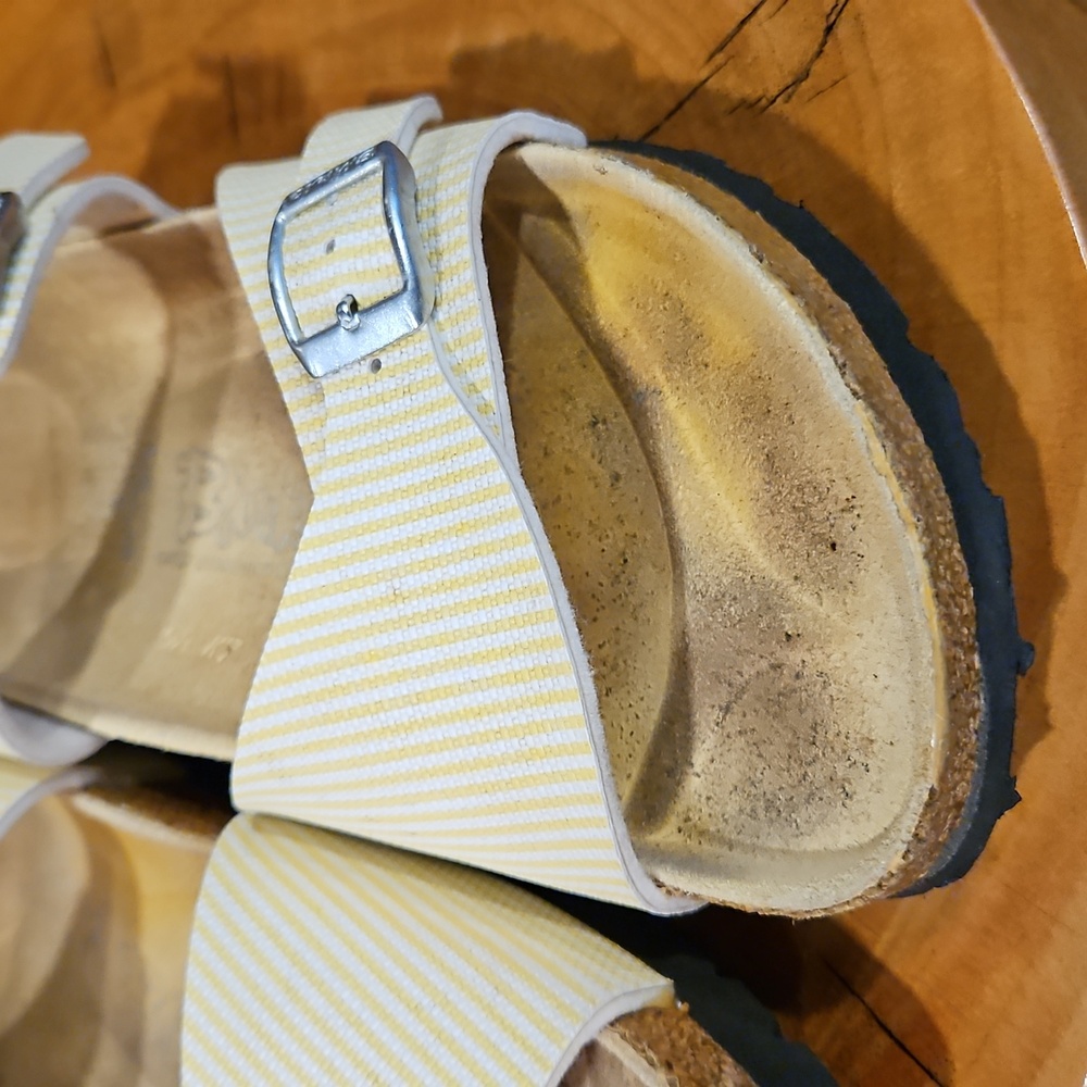 Birki's By Birkenstock Yellow & White Striped Silver Buckle Size 7.5 / 38 - Picture 9 of 15